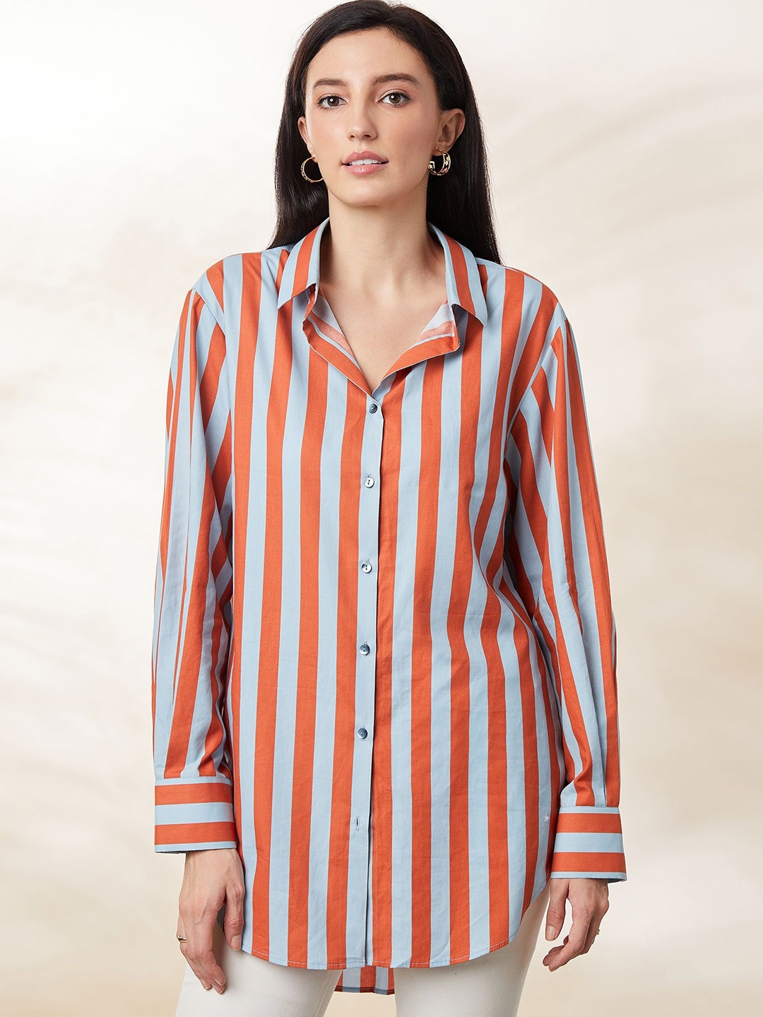 

SEVENDC Striped Cotton Shirt Style Longline Top, Orange