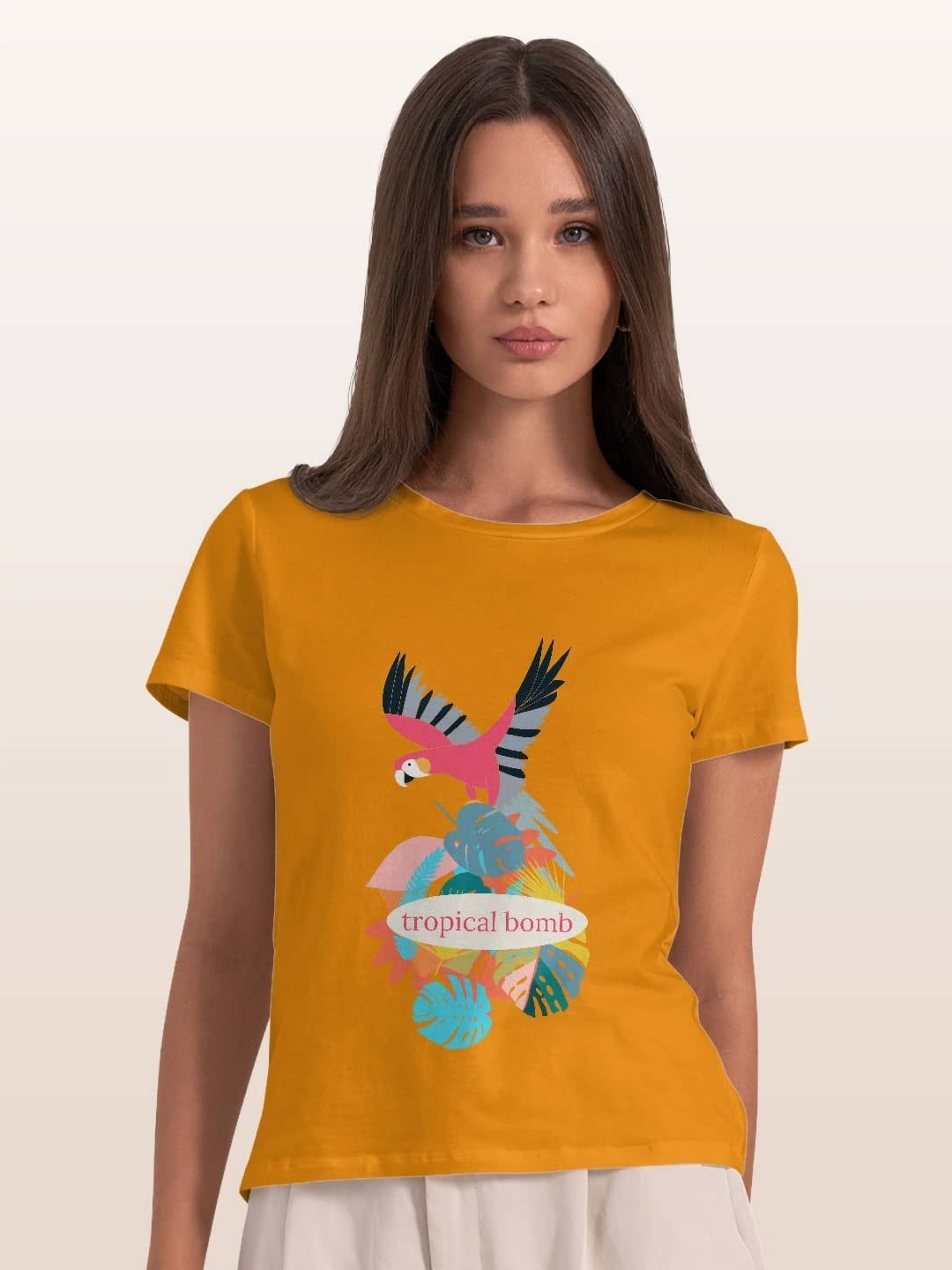 

macmerise Women Printed Applique T-shirt, Yellow