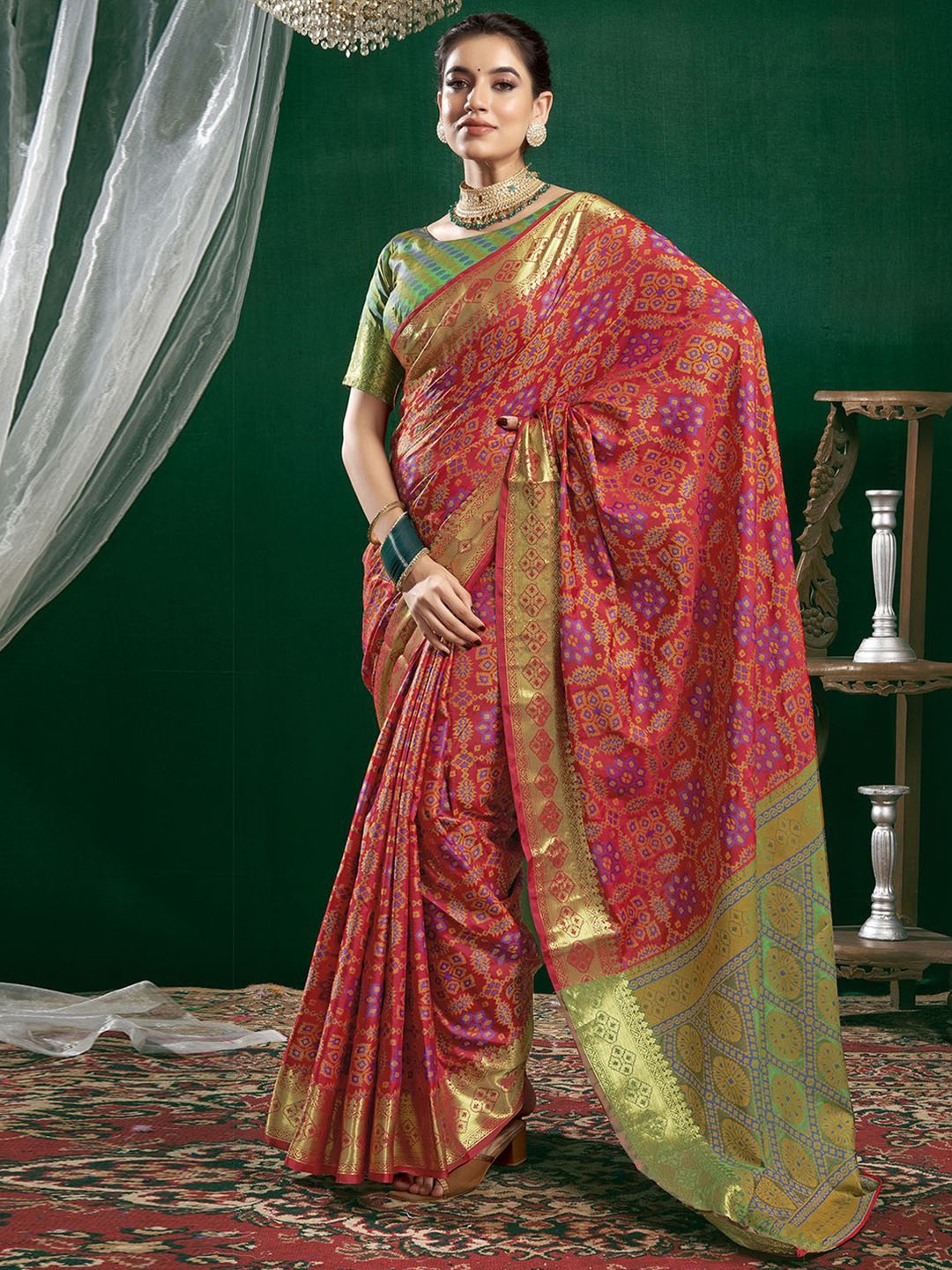 

Satrani Ethnic Motifs Zari Patola Saree, Red