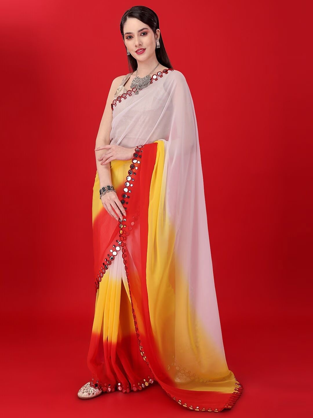 

QVAZOR Mirror Work Embellished Pure Georgette Saree, White