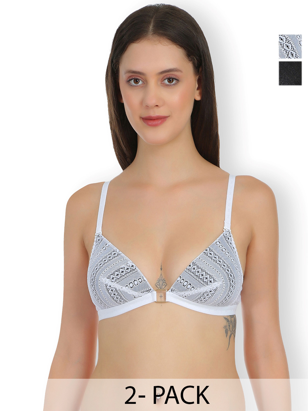 

SELFCARE Abstract Half Coverage Lightly Padded Plunge Bra Pack of 2, Black