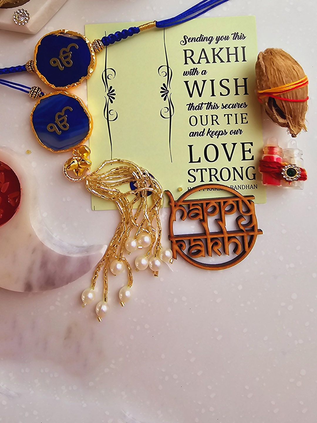 

HOMEARTE Textured Agate Stone Bhaiya Bhabhi Thread Rakhi, Blue