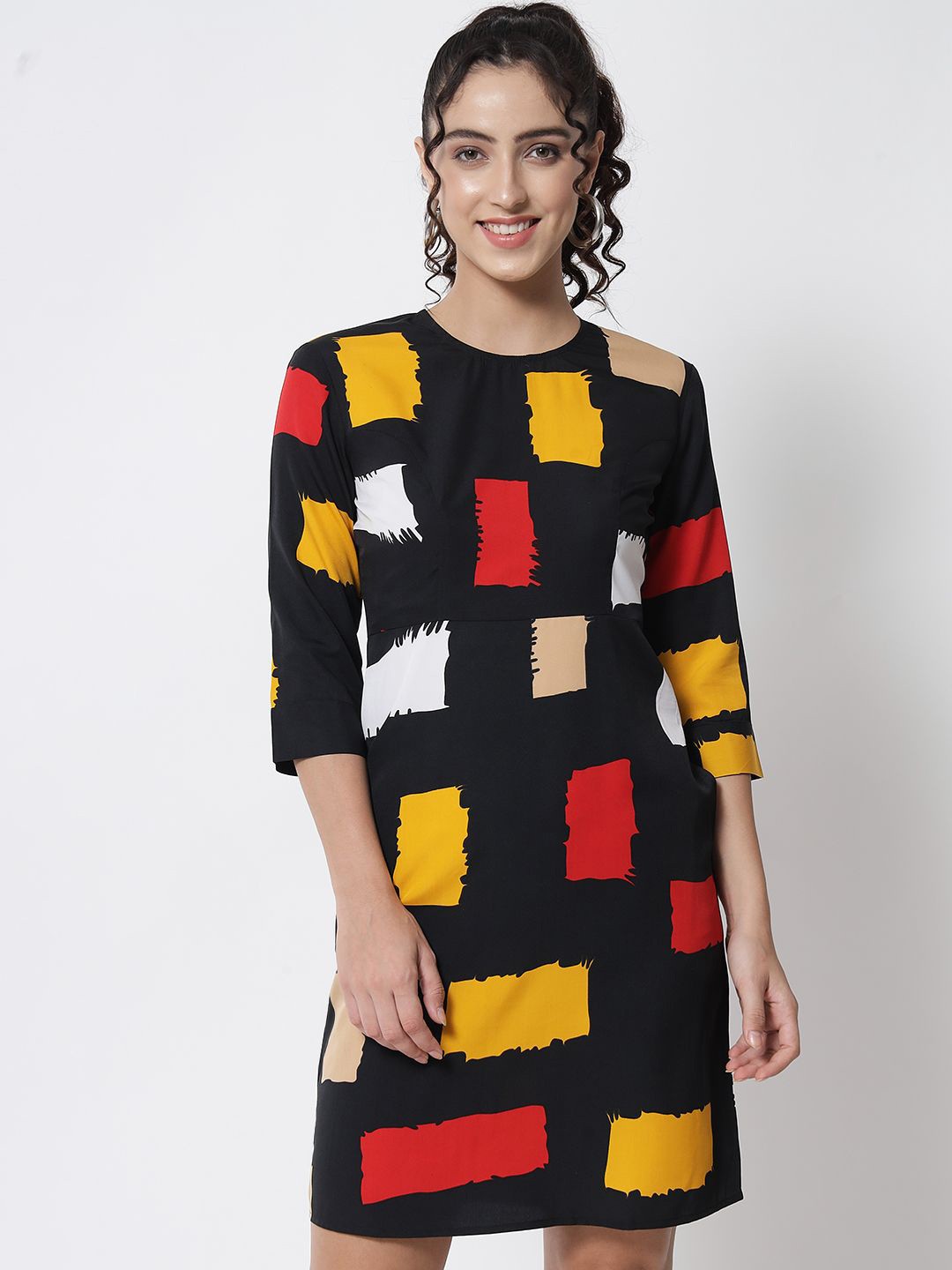 

Yaadleen Printed Crepe Round Neck Sheath Dress, Black