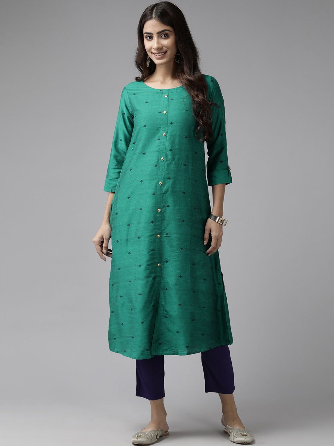 

BAESD Geometric Woven Design A-Line Kurta, Green