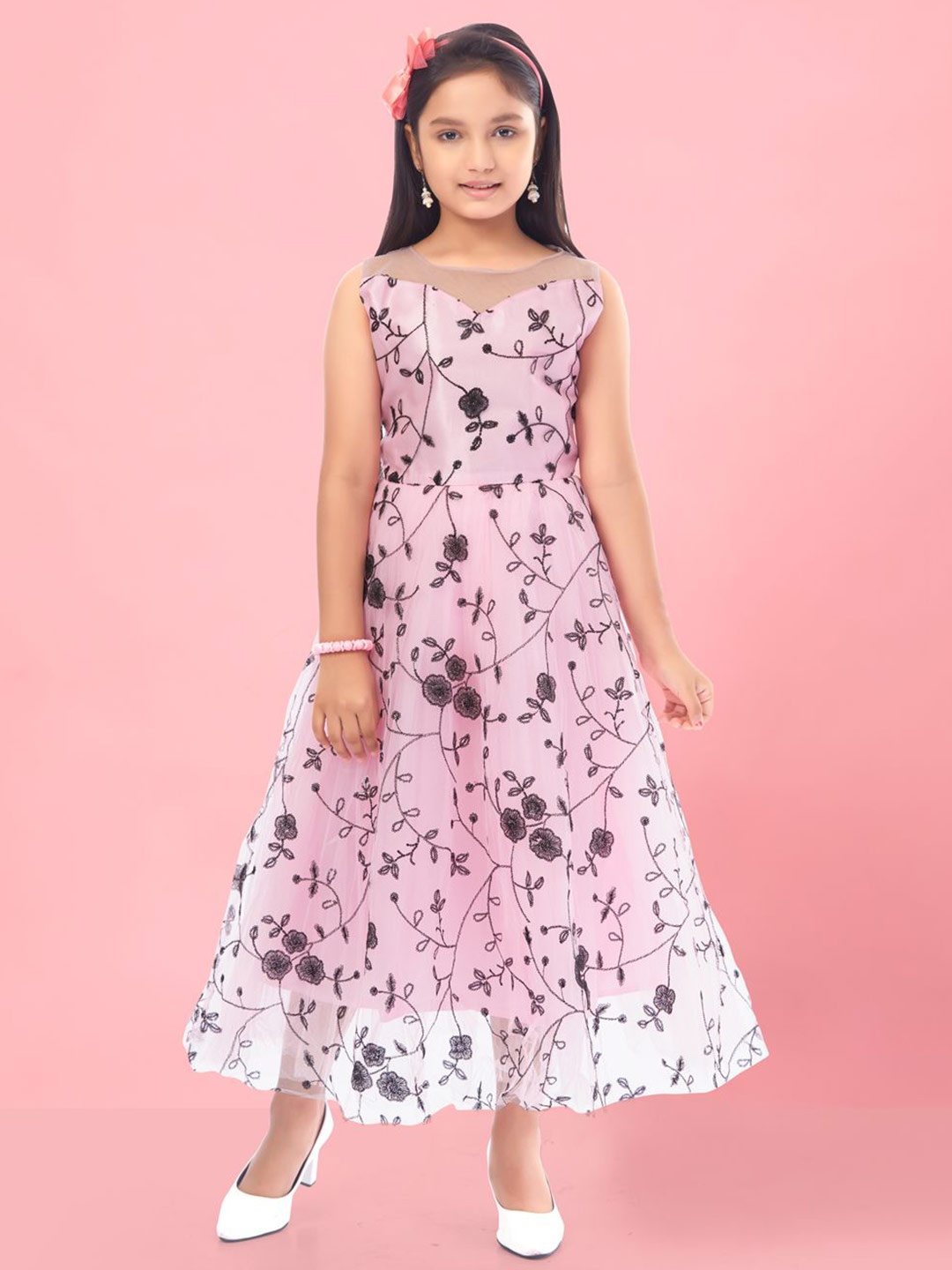 

BAESD Girls Floral Printed Sleeveless Net Fit & Flare Maxi Dress, Pink