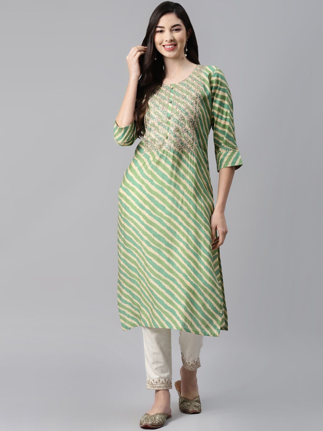 

BAESD Leheriya Printed Thread Work Cotton Straight Kurta, Green