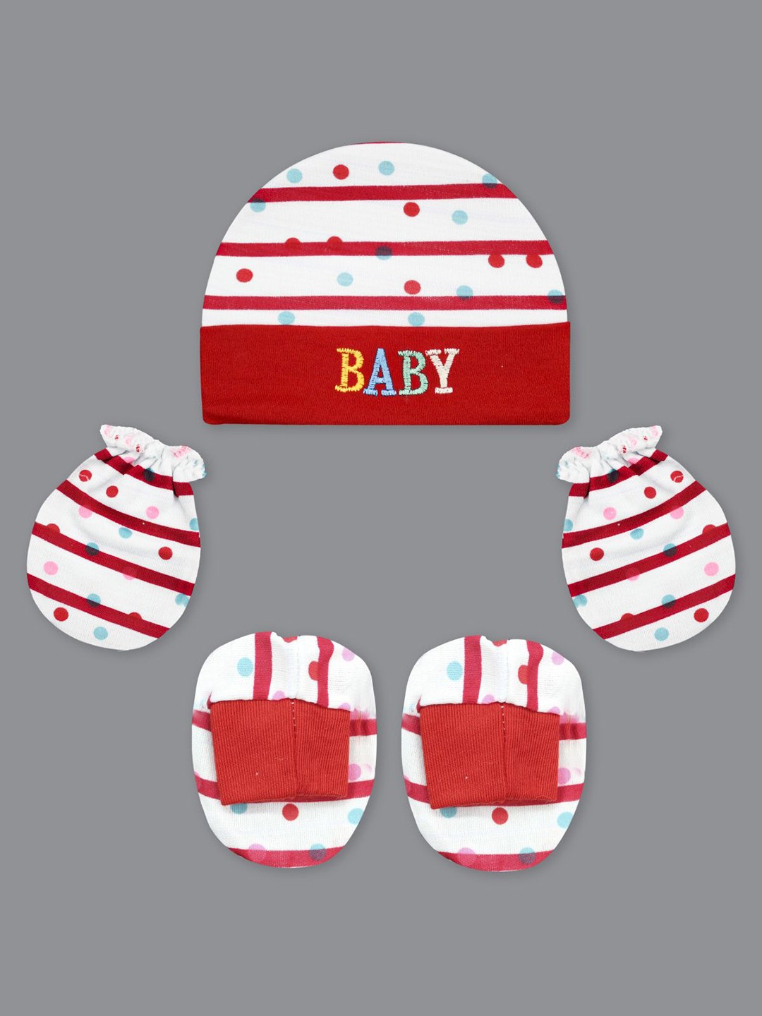

Born Babies Unisex Kids Printed Pure Cotton Beanie With Mittens And Booties, Red