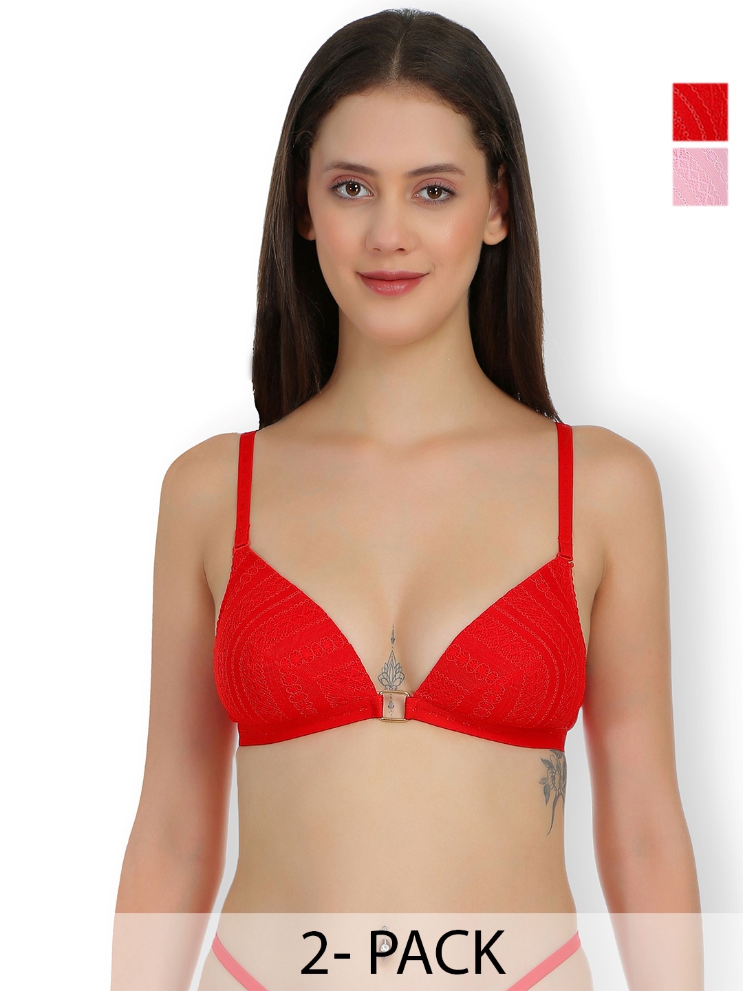 

SELFCARE Pack of 2 Net Embroided Half Coverage Lightly Padded Bra, Red