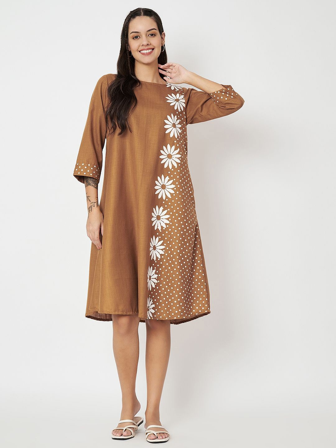 

9rasa Floral Printed Three-Quarter Sleeves A-Line Dress, Mustard