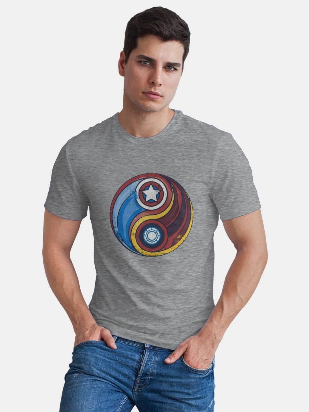 

macmerise Men Typography Printed Applique T-shirt, Grey