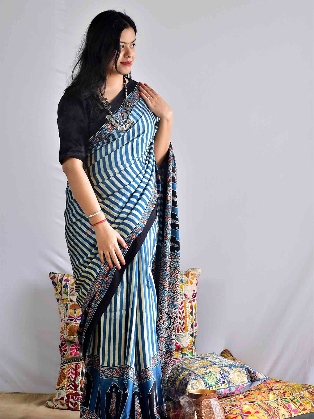 

Sundarii Ajrak Block Print Saree, Blue