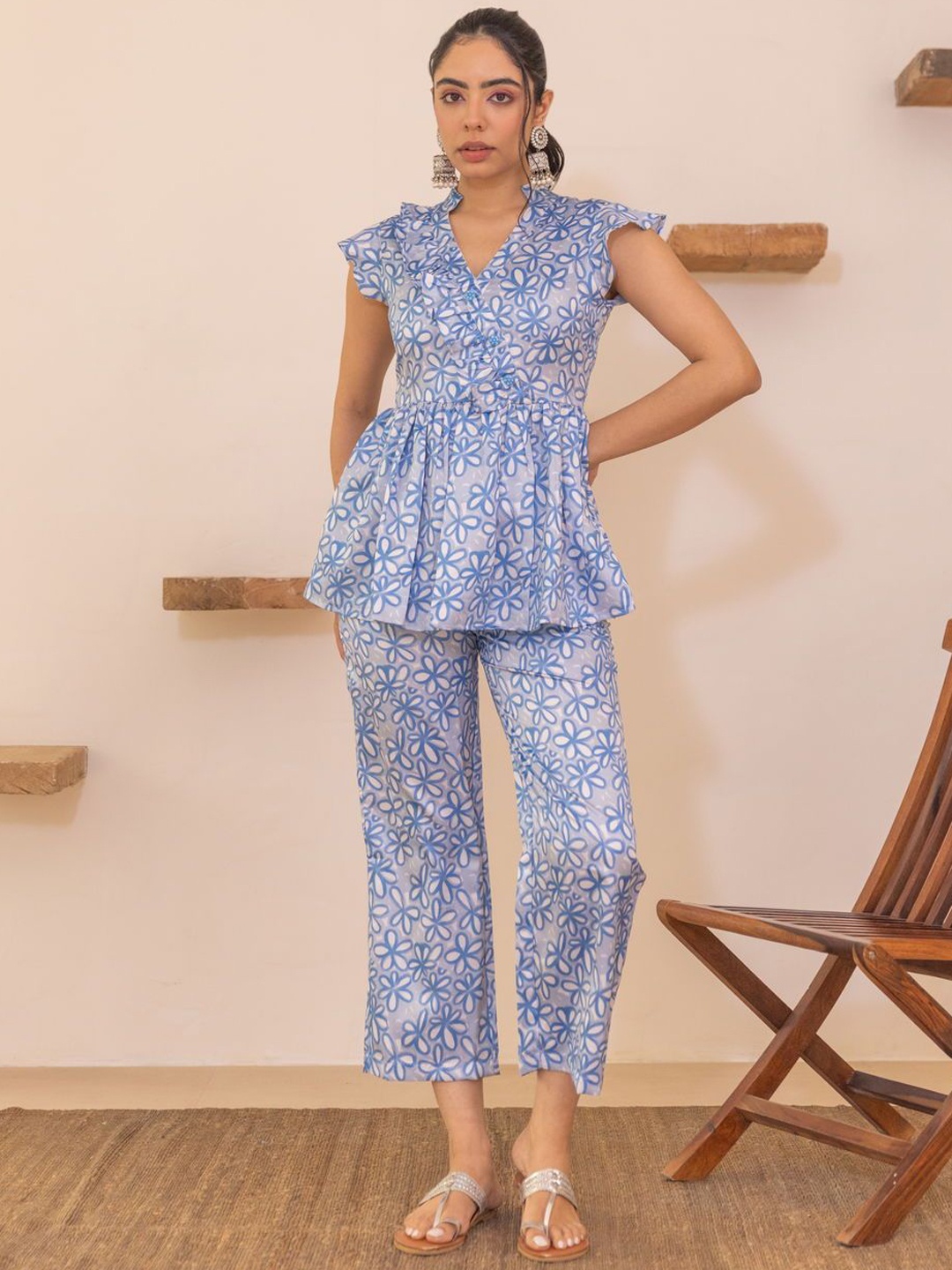 

Polago Clothing Printed Sleeveless Top With Trouser, Blue