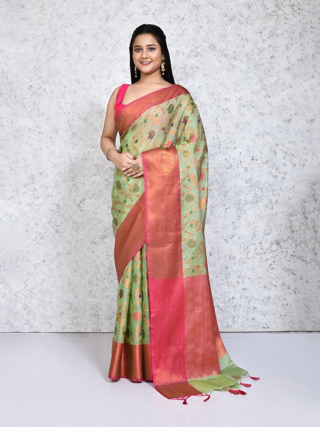 

SPRISH Ethnic Motifs Zari Woven Pure Silk Saree, Green