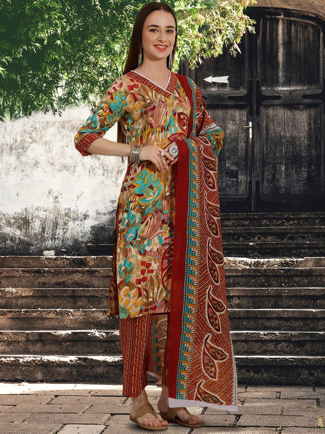 

7Threads Floral Printed V-Neck Pure Cotton Straight Kurta With Trousers & Dupatta, Mustard