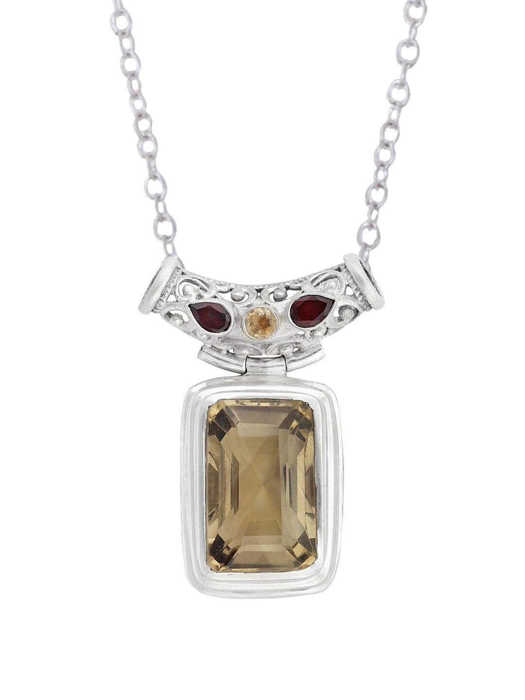 

Exotic India Yellow Topaz and Garnet Stone Sterling Silver Studded Pendant