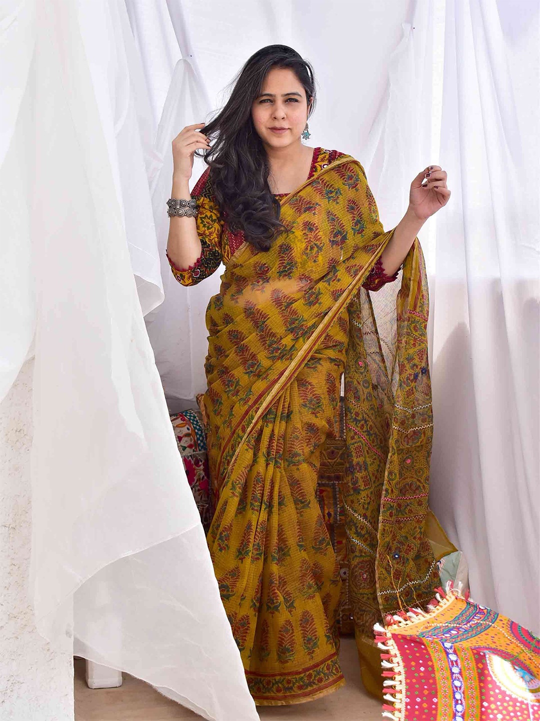 

Sundarii Ajrak Block Kota Saree, Mustard