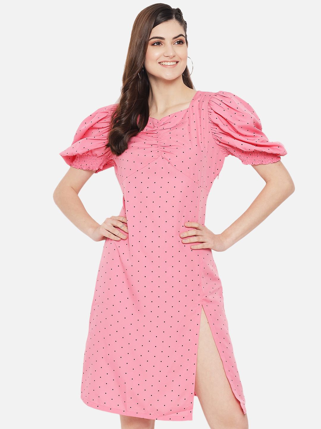 

Yaadleen Polka Dot Print Puff Sleeve Georgette A-Line Dress, Pink