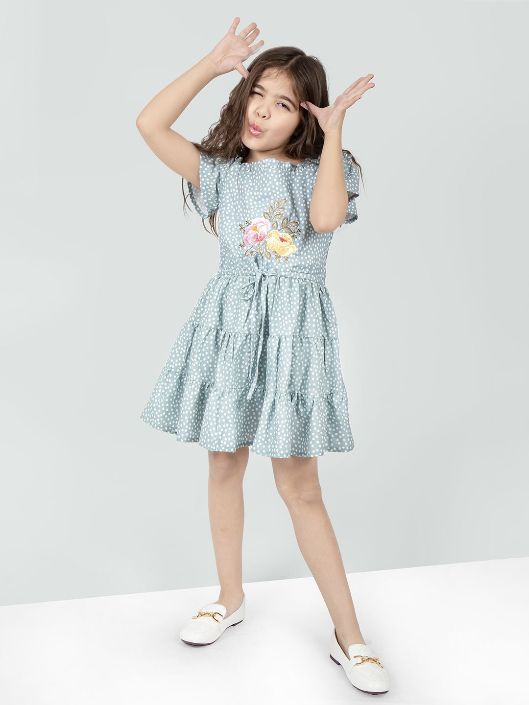 

Naughty Ninos Polka dots Girls Embroidered Printed Fit & Flare Dress, Blue