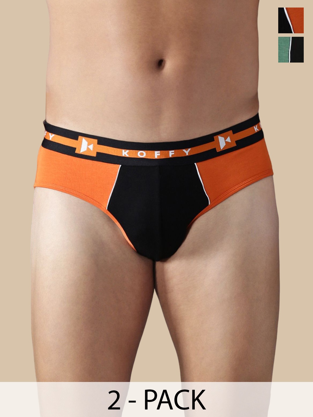 

KOFFY Men Pack Of 2 Colourblocked Basic Briefs KOFFY_KI29_ORG_GN_2PC, Orange