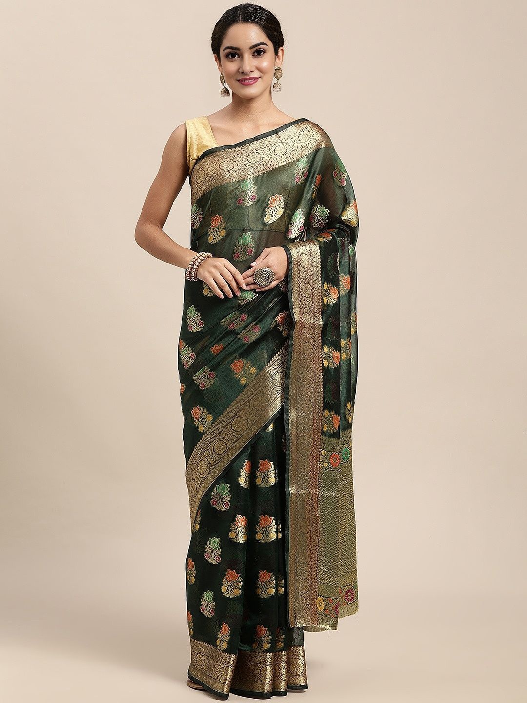 

Mitera Ethnic Motifs Zari Organza Kanjeevaram Saree, Green