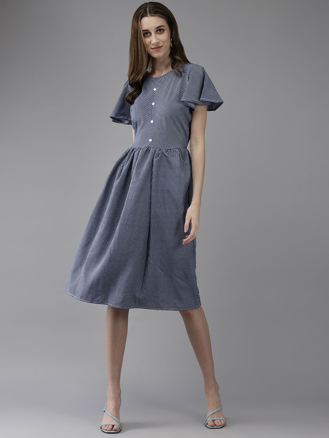 

BAESD Women Striped Round Neck Bell Sleeves Fit & Flare Knee Length Dress, Blue