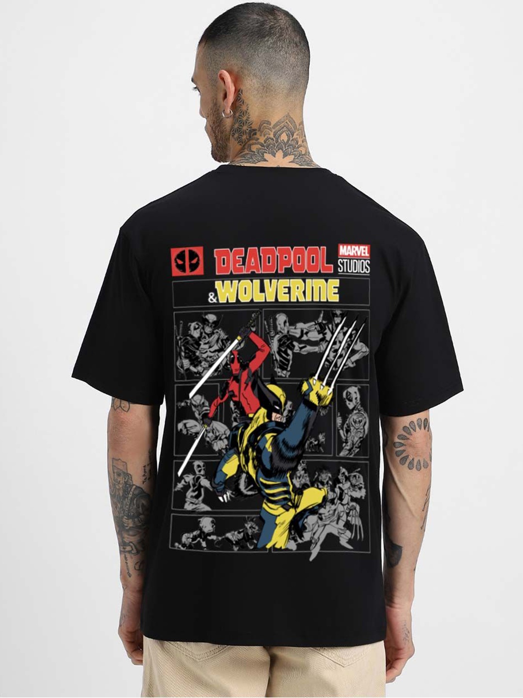 

VEIRDO Marvel Men Deadpool Graphic Printed Pure Cotton Oversized T-shirt, Black