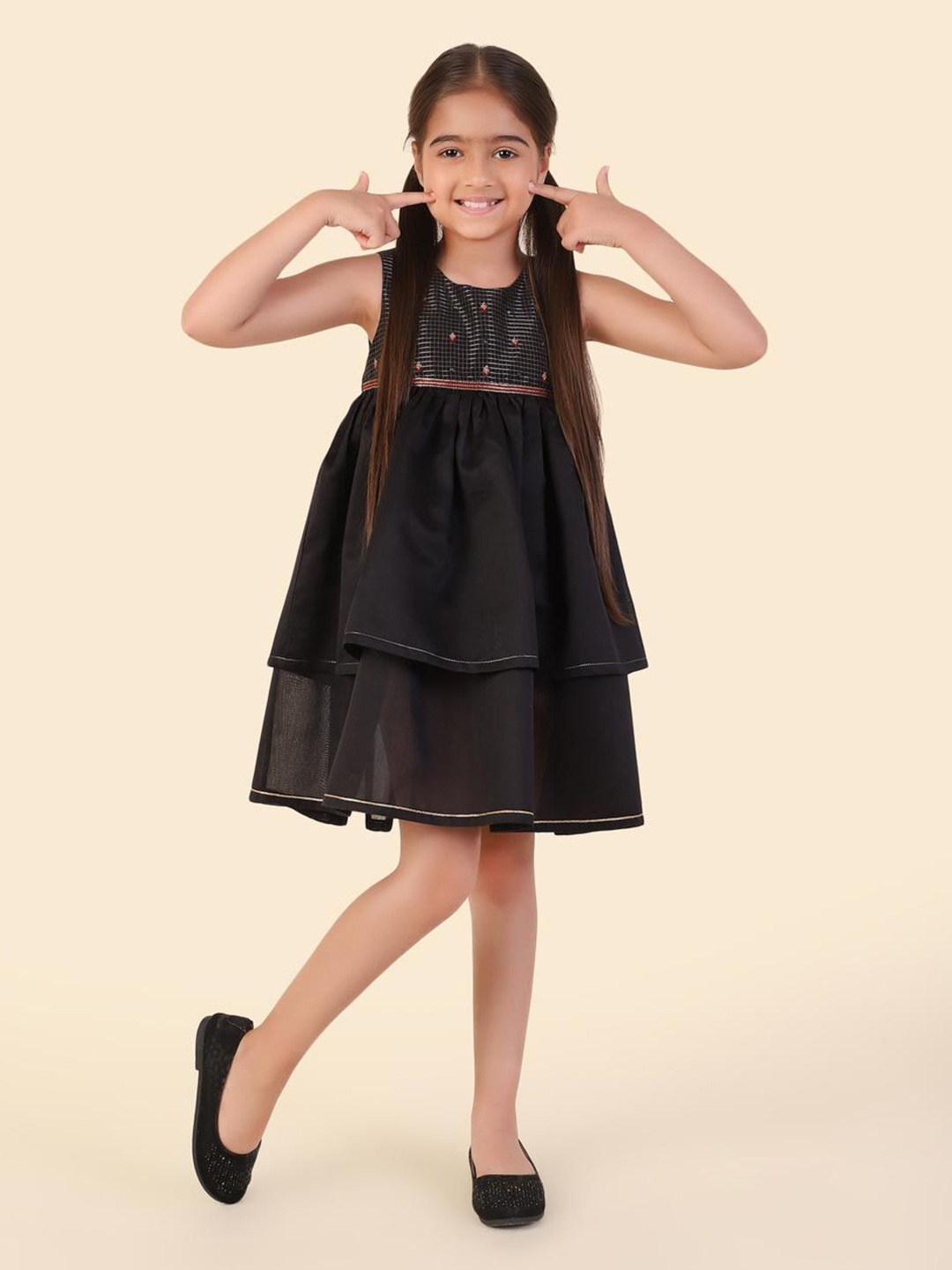 

Fabindia Girls Round Neck Sleeveless Layered Fit & Flare Dress, Black