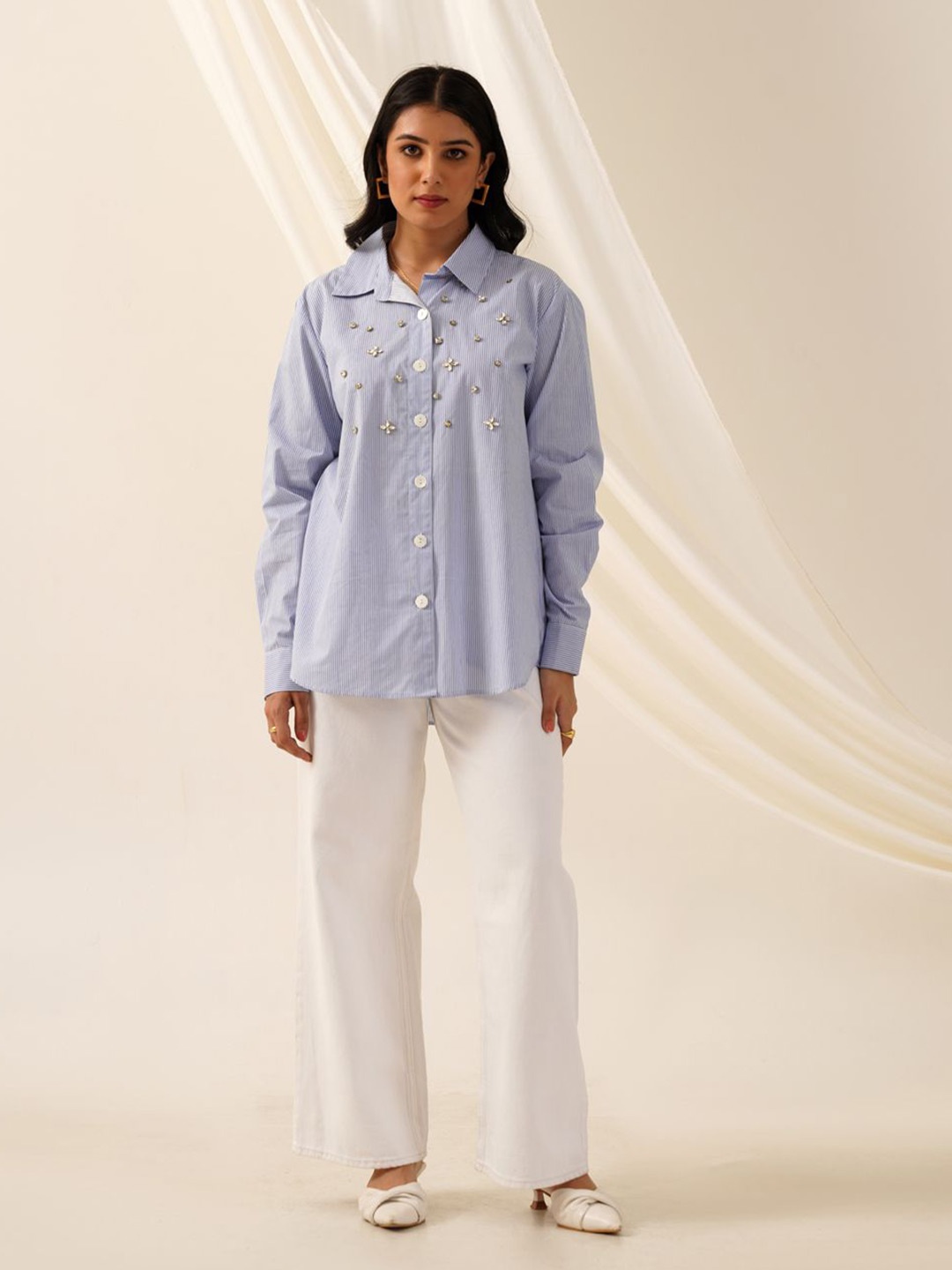 

SEVENDC Striped Mandarin Collar Cotton Shirt Style Top, Blue