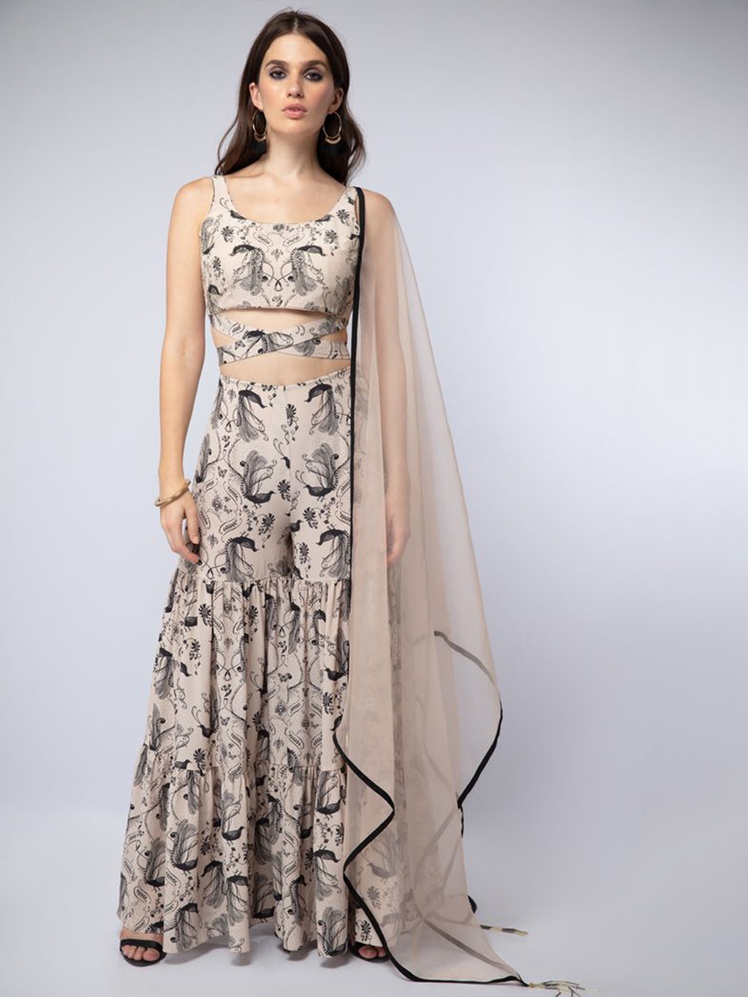 

Payal Singhal Floral Printed Crop Top With Sharara & Dupatta, Cream