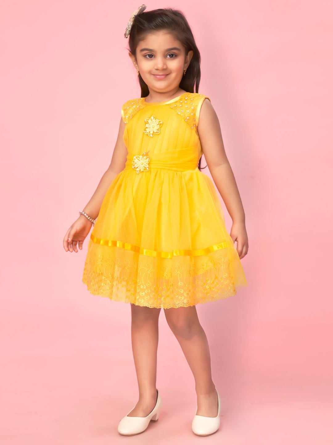 

BAESD Girls Net Fit & Flare Self Design Dress, Yellow
