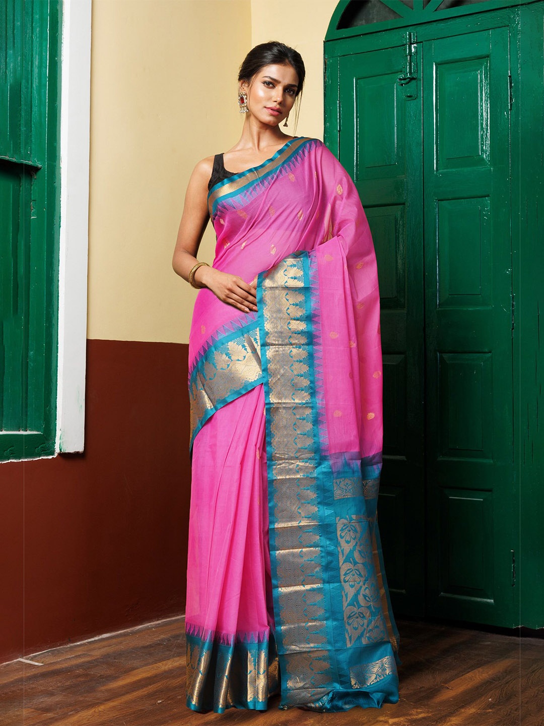 

Unnati Silks Woven Design Zari Pure Cotton Gadwal Saree, Pink