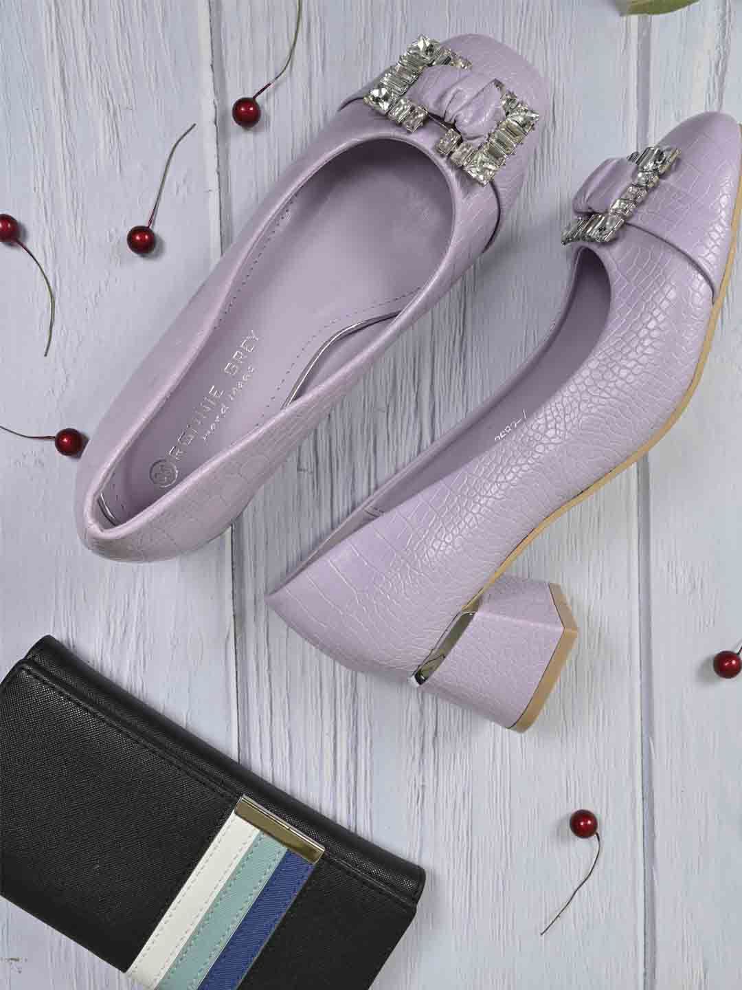 

Ronnie Grey Textured Block Heel Pumps with Embellishment, Purple