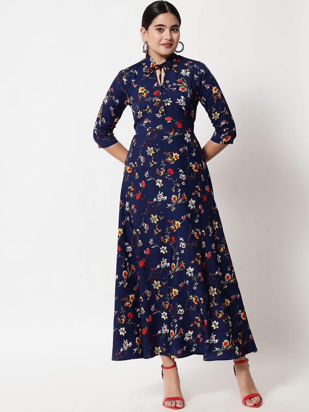 

Yaadleen Floral Printed Tie-Up Neck Maxi Dress, Navy blue