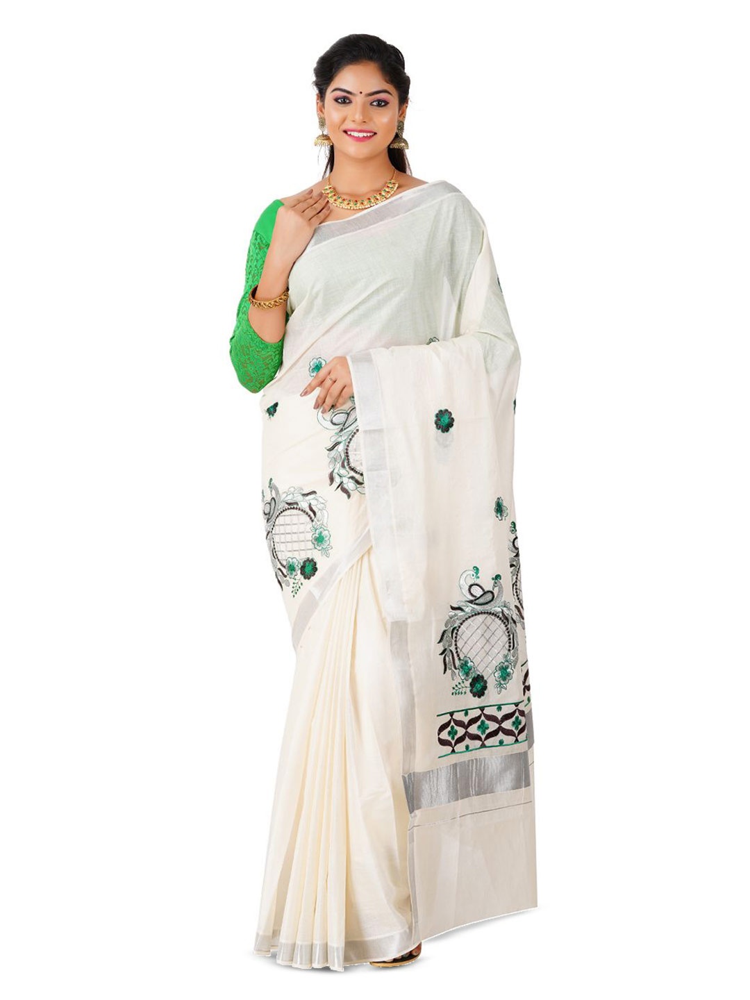 

Rst R Selvamani Tex Ethnic Motifs Zari Pure Cotton Kasavu Saree, Off white