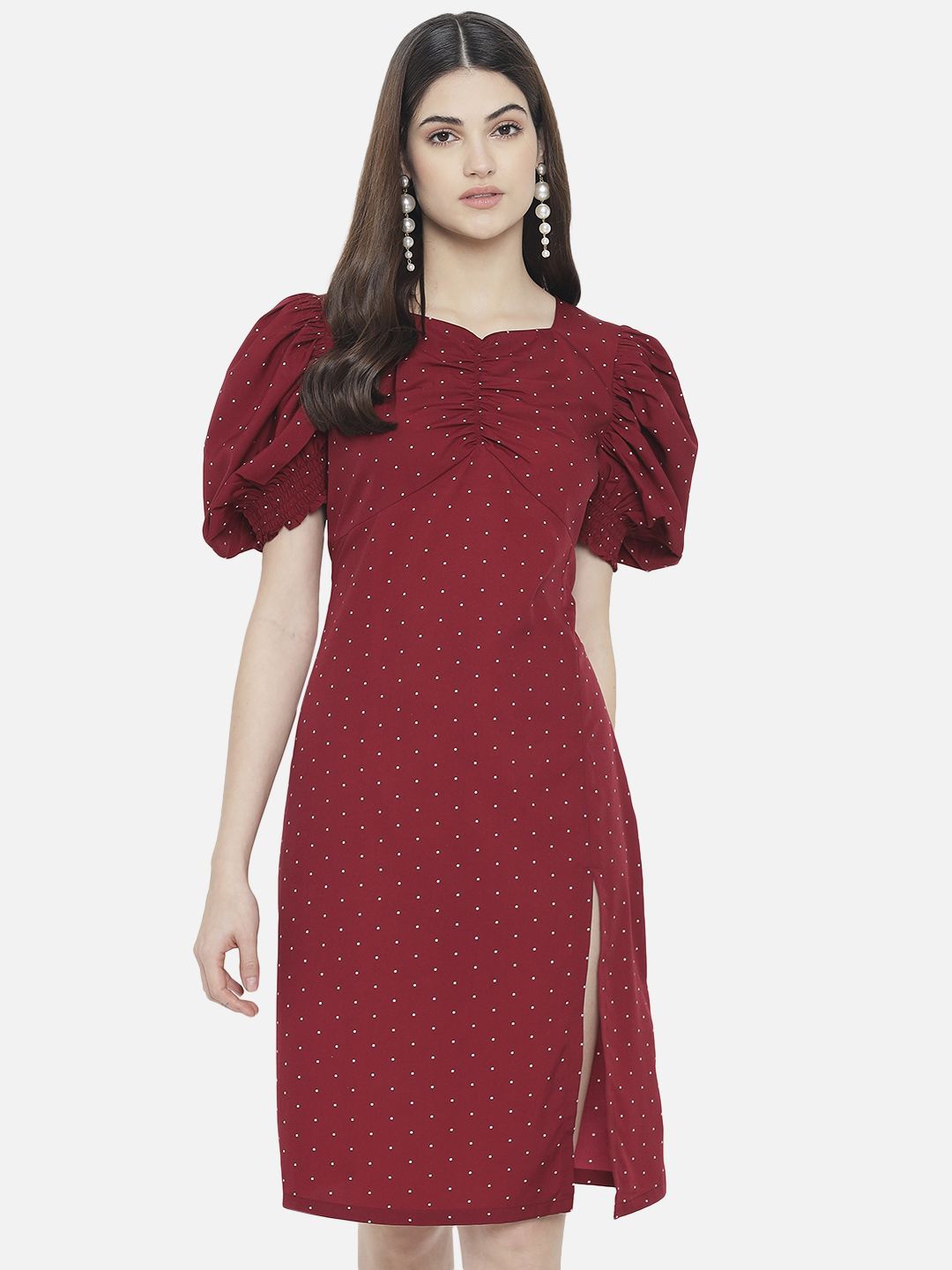 

Yaadleen Polka Dot Printed Puff Sleeve Georgette Sheath Dress, Maroon