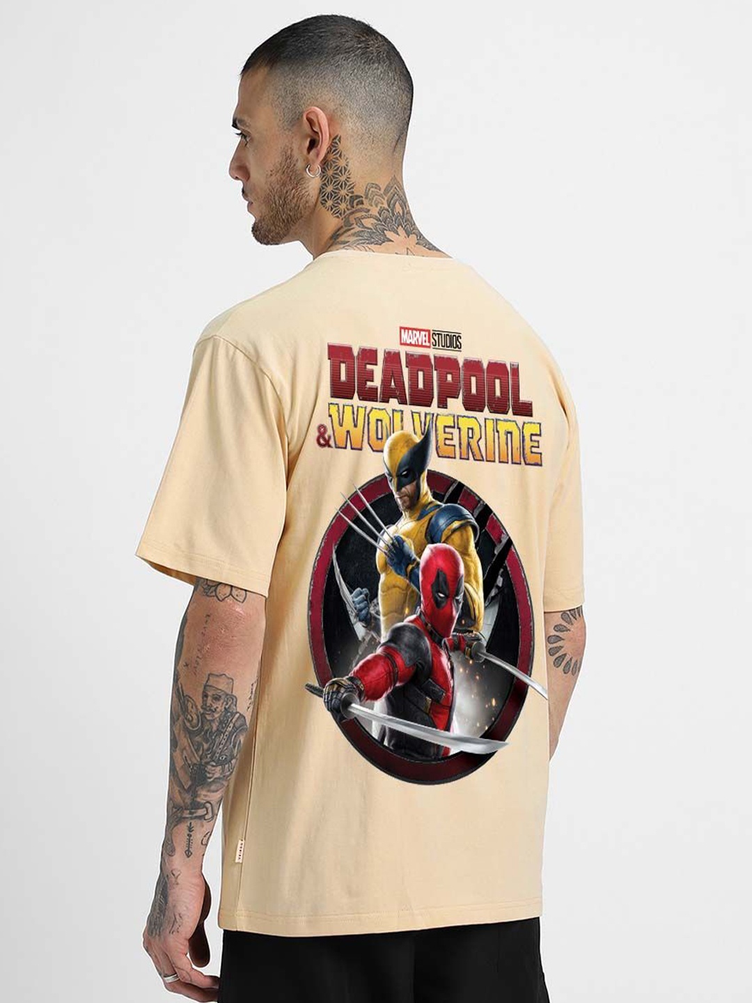 

VEIRDO Marvel Men Deadpool Graphic Printed Pure Cotton Oversized T-shirt, Beige