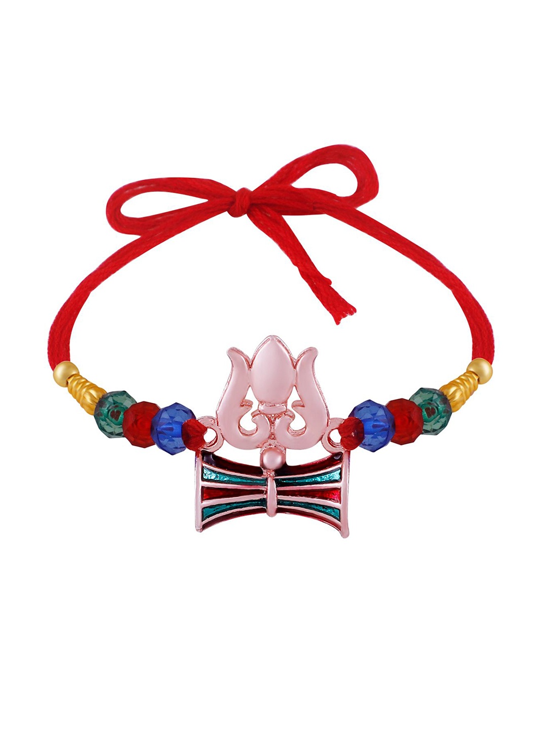 

Okos Rose Gold Plated Trishul with Damroo Religious Rudraksh Thread Rakhi