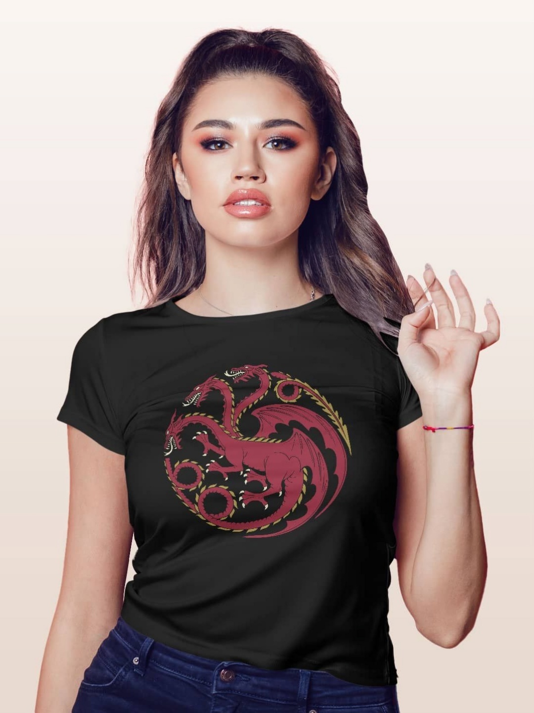 

macmerise Women Printed Applique T-shirt, Black