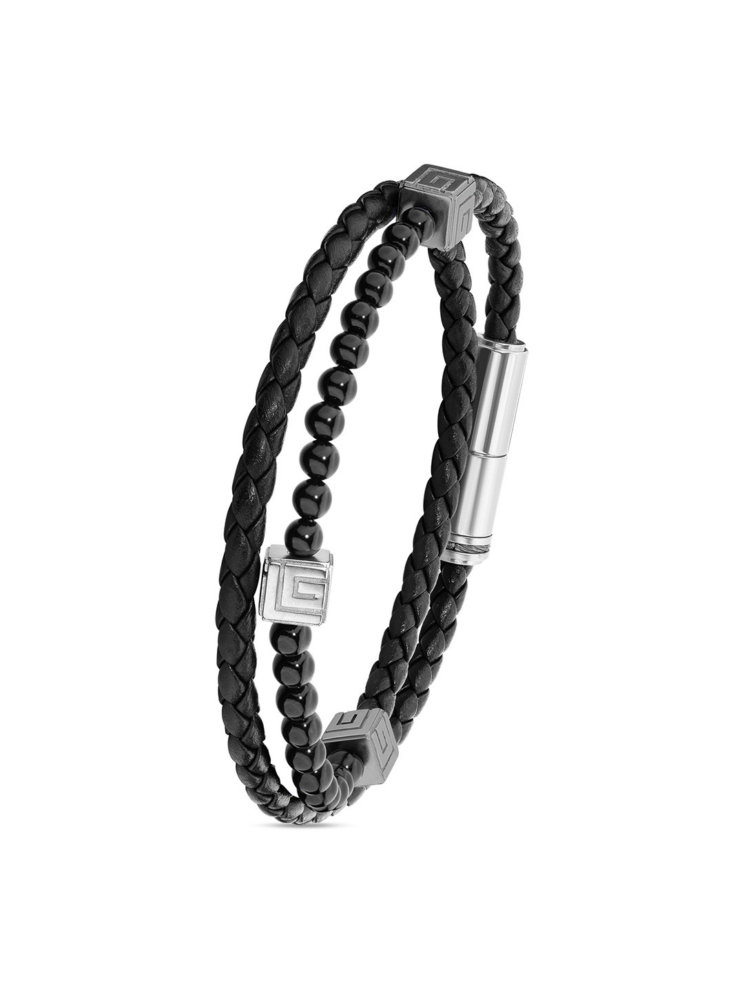 

Guy Laroche Victor Men Leather & Stainless Steel Beaded Wraparound Bracelet, Black