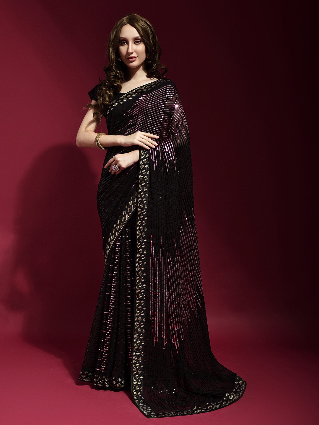 

QVAZOR Embellished Sequinned Pure Georgette Heavy Work Saree, Black