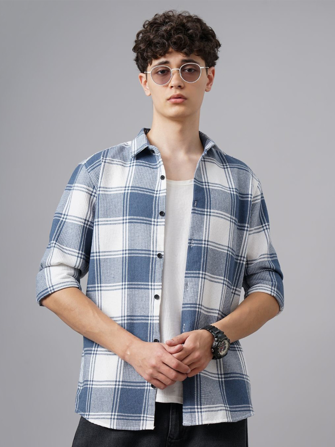 

PAUL STREET Men Relaxed Windowpane Checks Opaque Checked Casual Shirt, Blue