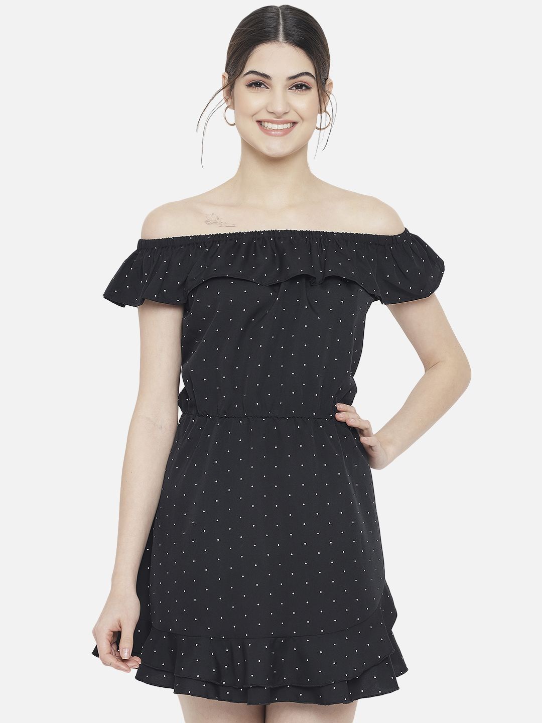 

Yaadleen Printed Off-Shoulder Ruffled Fit & Flare Dress, Black