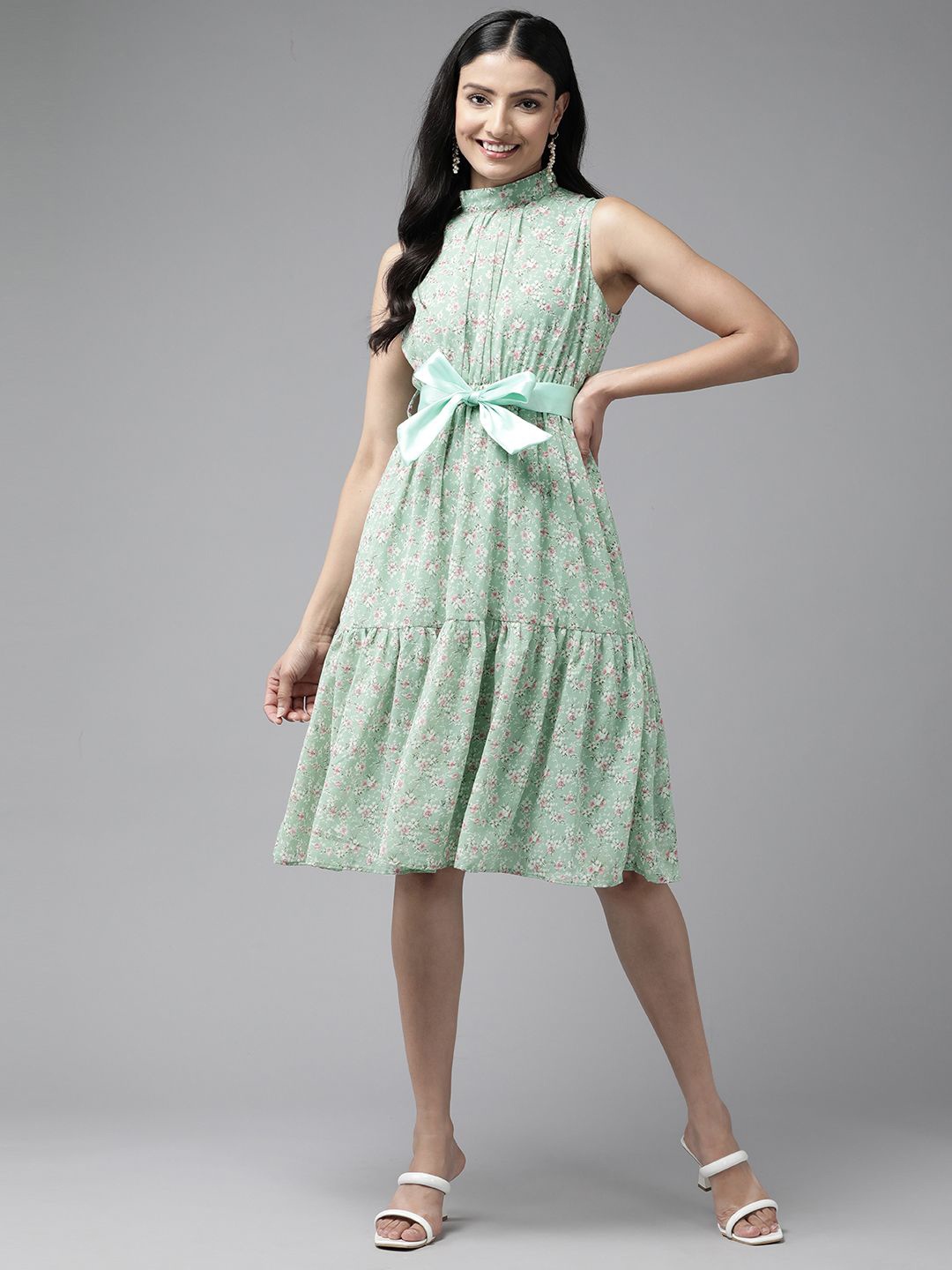 

BAESD Floral Printed Georgette Fit & Flare Dress With Bow, Green