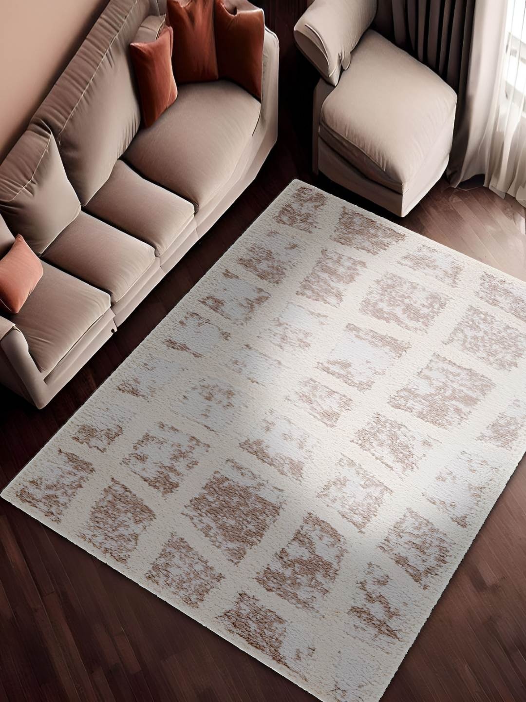 

Sapana Carpet-Mats Beige & White Geometric Printed Heavy - Shaggy Carpet