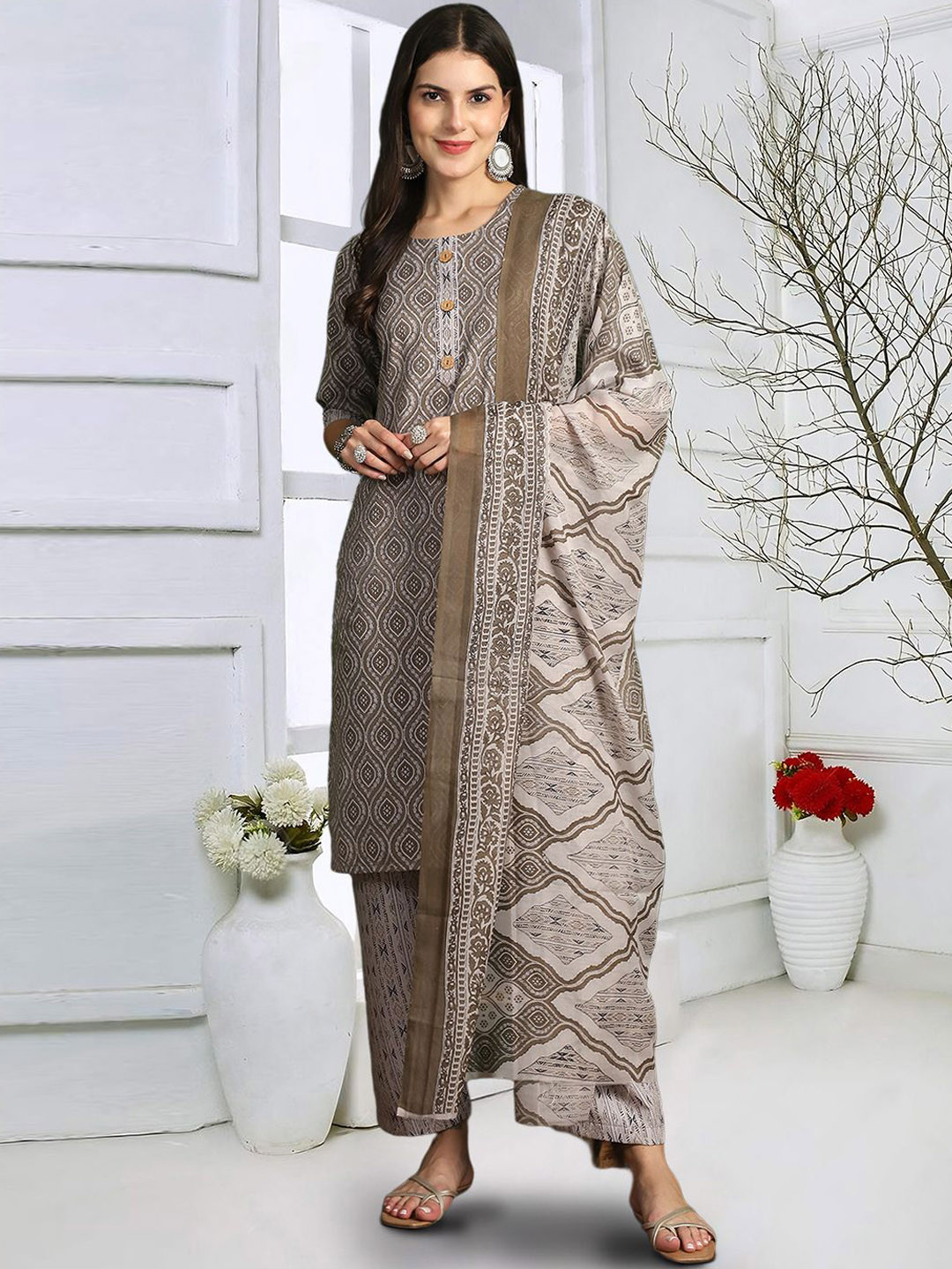 

1 Stop Fashion Ethnic Motifs Printed Straight Pure Cotton Kurta with Trousers & Dupatta, Grey melange