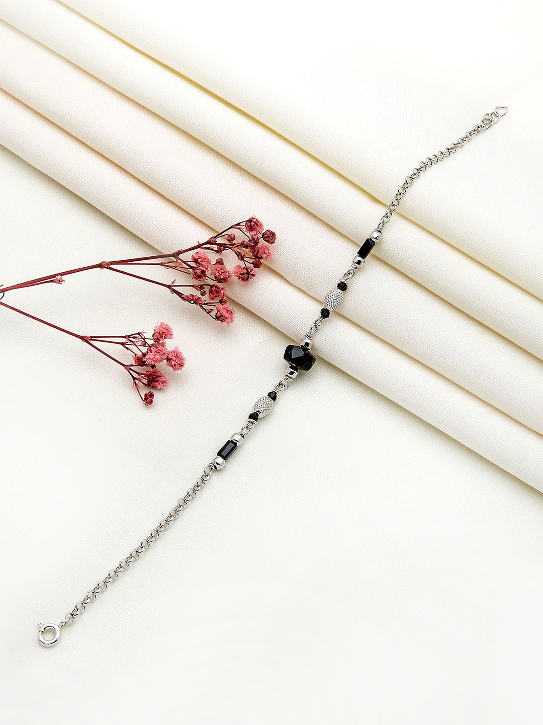 

SILBERRY 925 Sterling Silver Rhodium-Plated Beaded Mangalsutra Link Bracelet