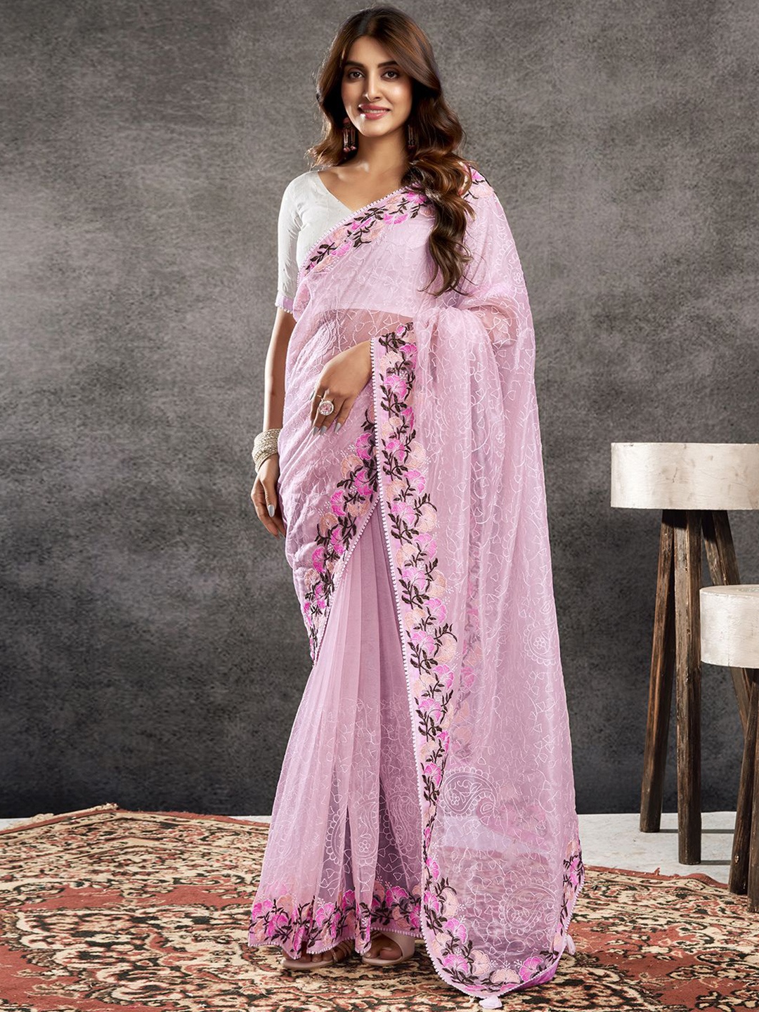 

Satrani Ethnic Motifs Embroidered Net Saree, Pink