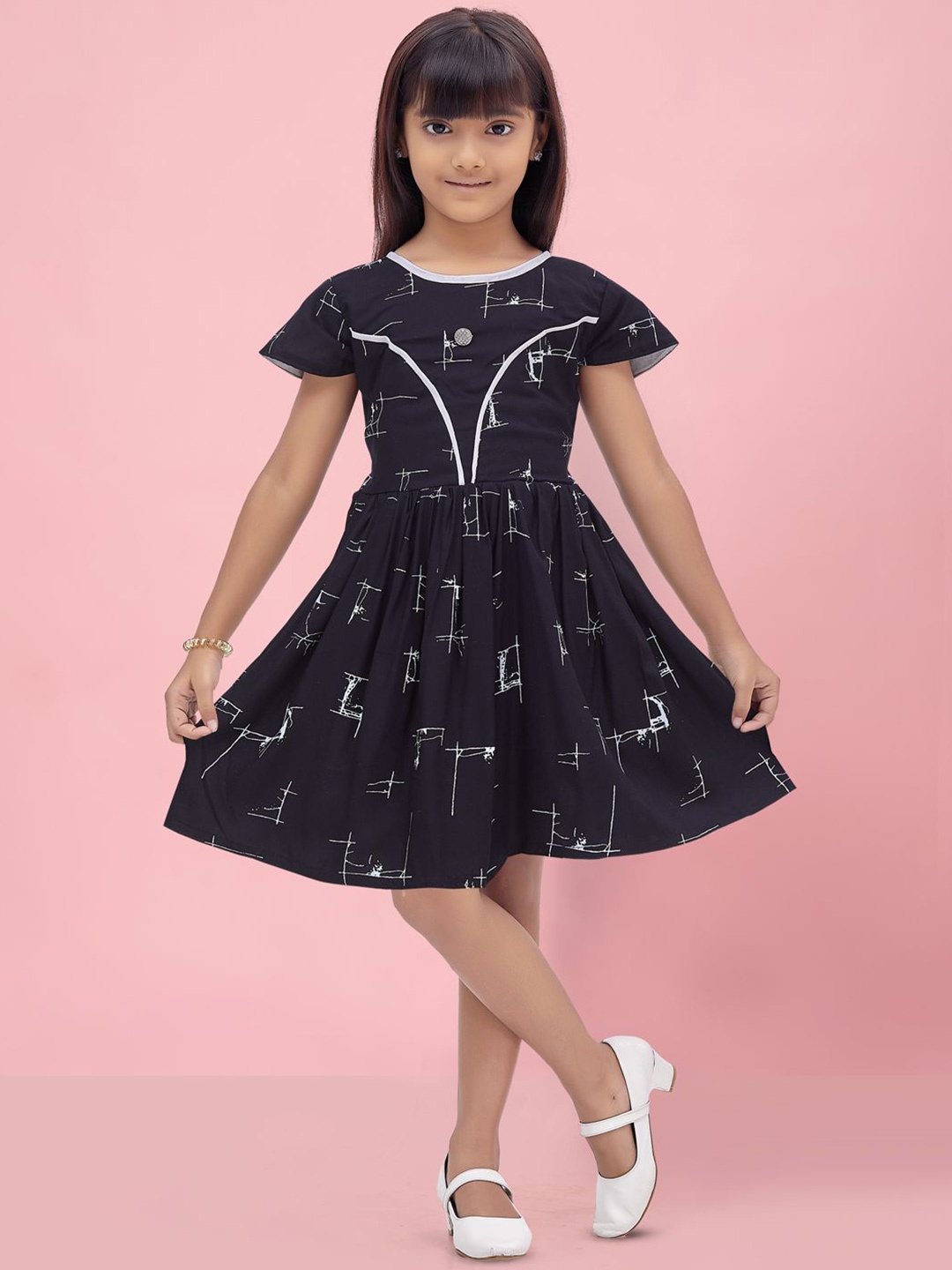 

BAESD Girls Printed Round Neck Cap Sleeves Fit & Flare Dress, Black