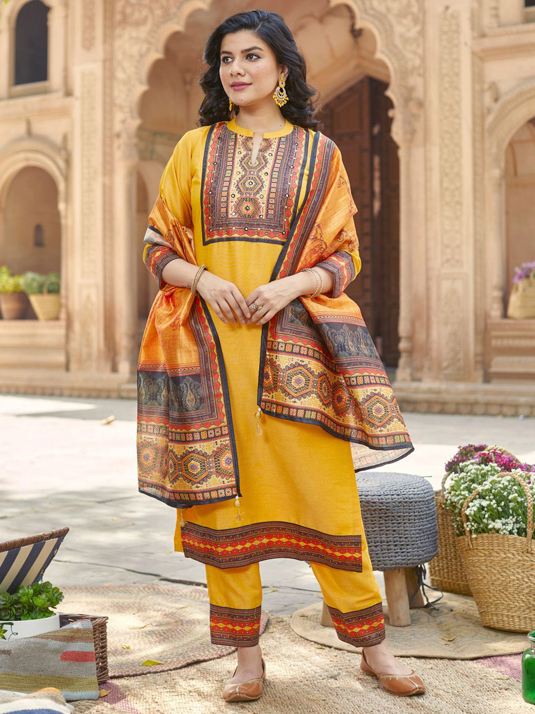 

WOMEN PLUS Geometric Yoke Design Mirror Work Straight Kurta With Trousers & Dupatta, Yellow