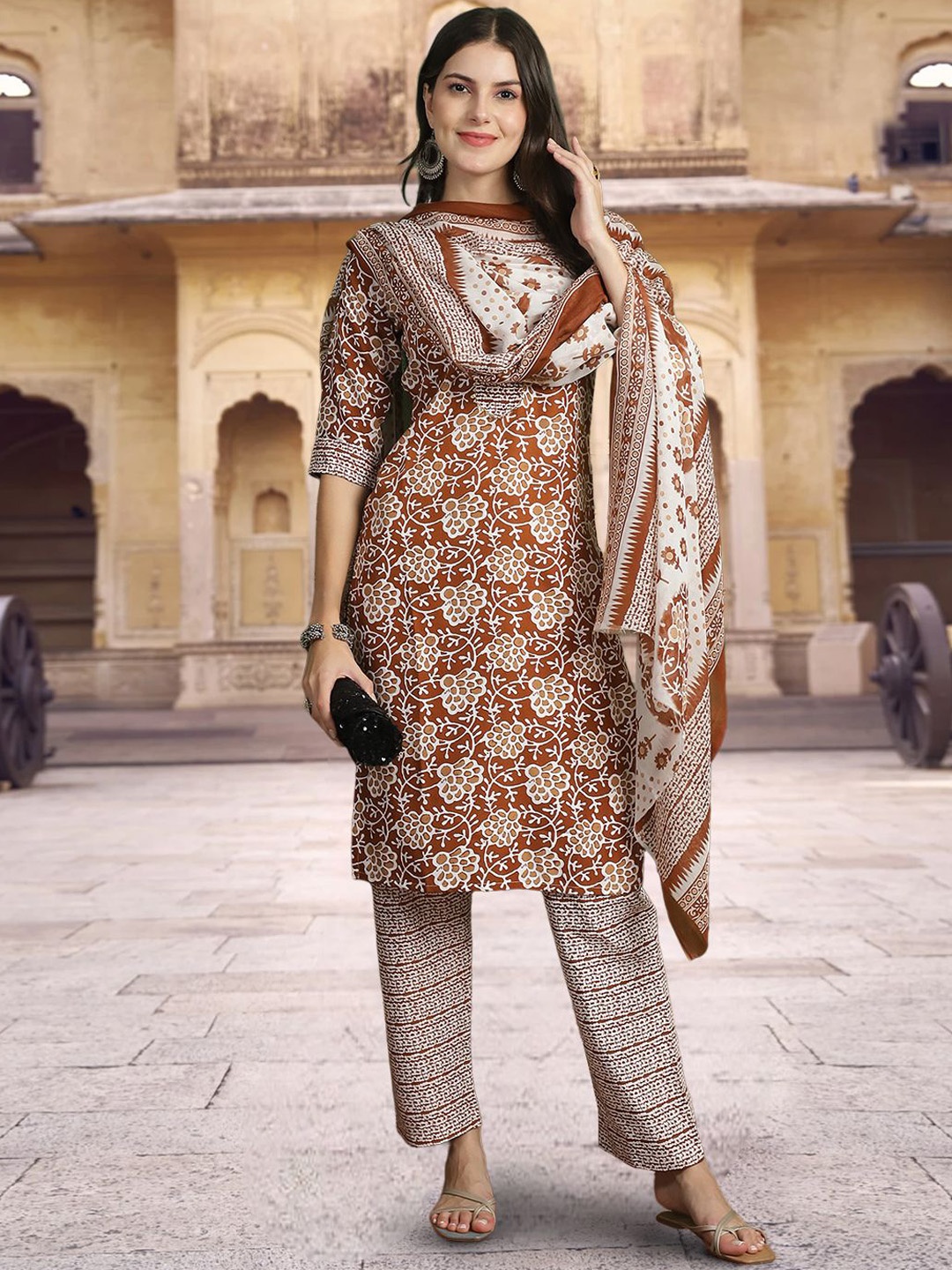 

1 Stop Fashion Floral Printed Pure Cotton Straight Kurta with Trousers & Dupatta, Rust